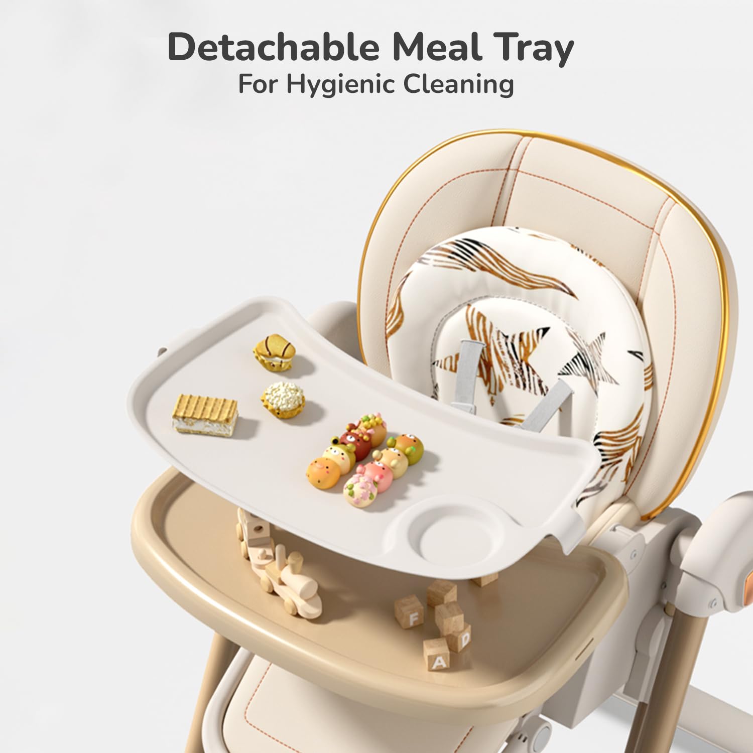 Modern baby high chair with adjustable tray and a separate baby swing/bouncer, both in a neutral cream and beige color scheme. Features happy babies using the multi-functional seating, perfect for a nursery or living room." www.usmile.com